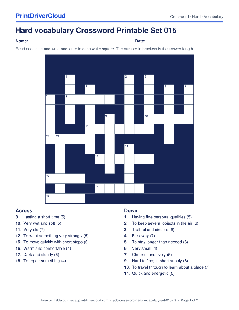 Hard Vocabulary Crossword Printable Set 015 preview