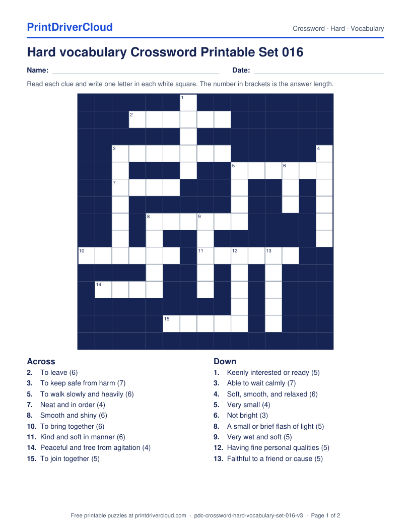 Hard Vocabulary Crossword Printable Set 016 preview