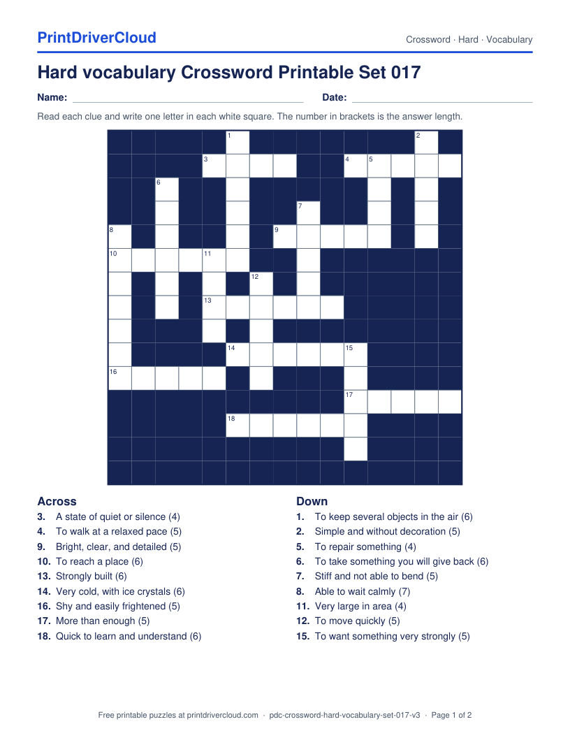 Hard Vocabulary Crossword Printable Set 017 preview