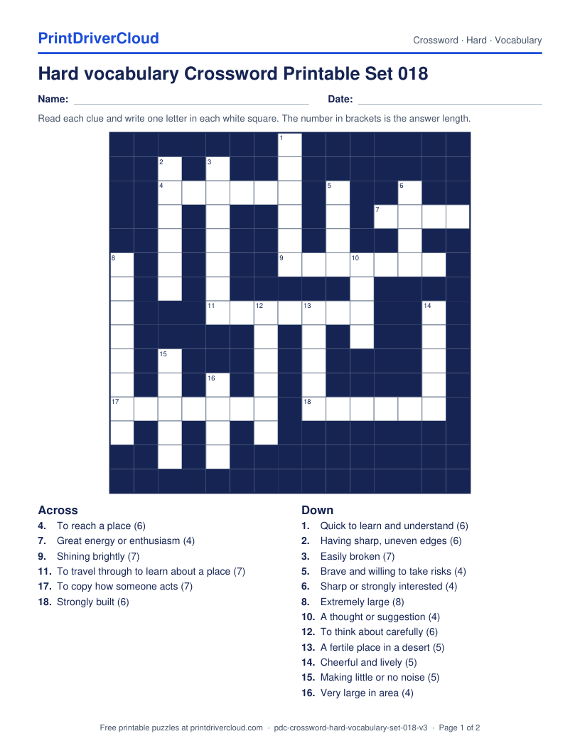 Hard Vocabulary Crossword Printable Set 018 preview