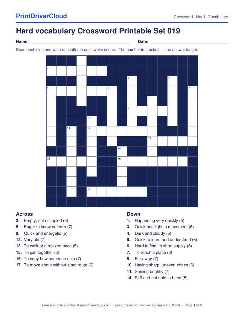 Hard Vocabulary Crossword Printable Set 019 preview