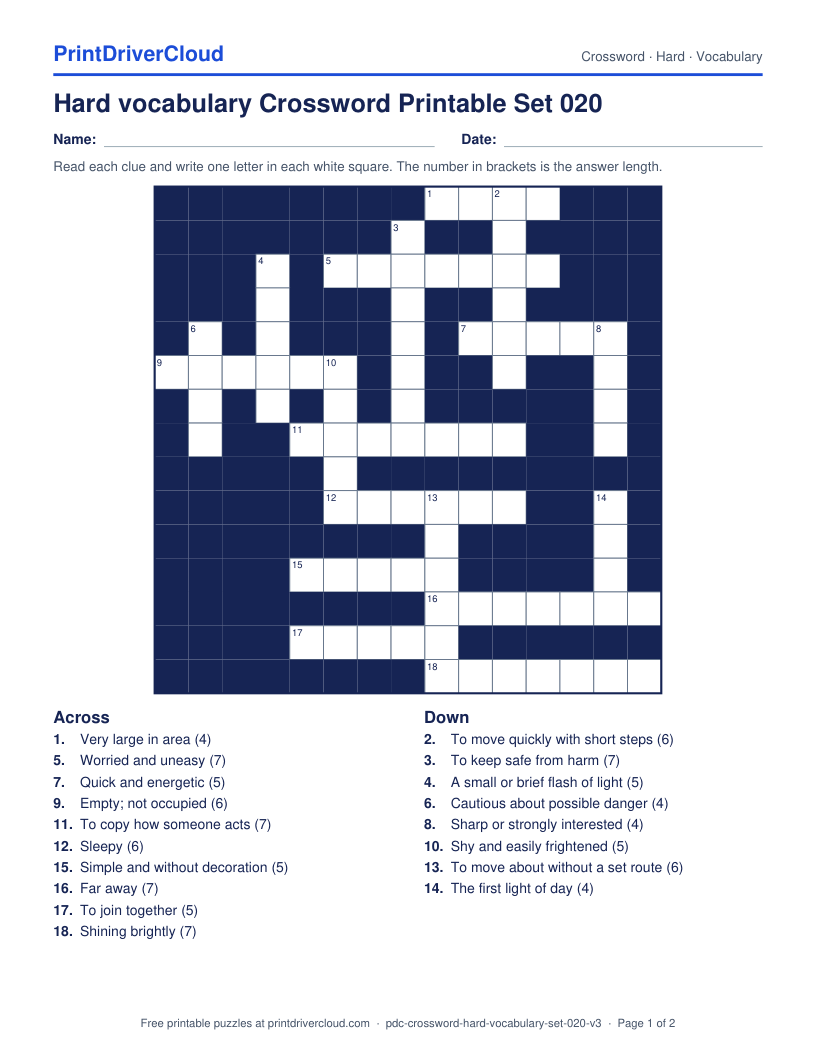 Hard Vocabulary Crossword Printable Set 020 preview