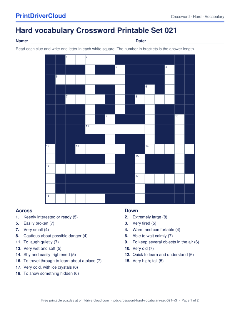 Hard Vocabulary Crossword Printable Set 021 preview