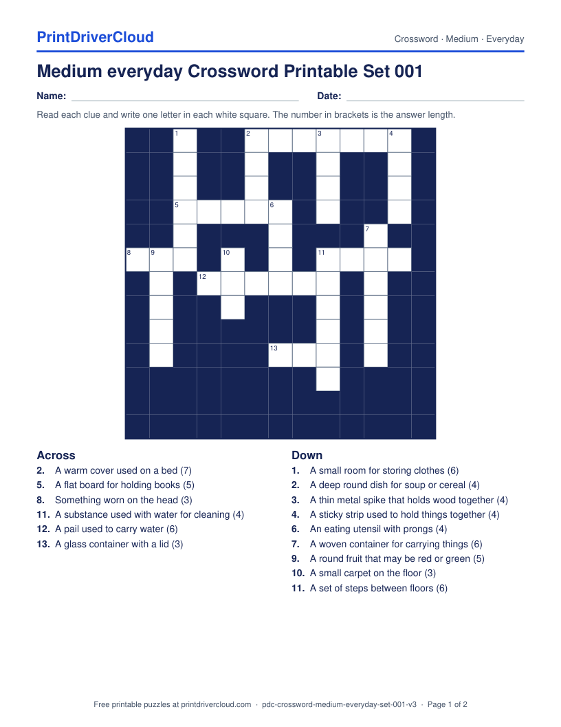 Medium Everyday Crossword Printable Set 001 preview
