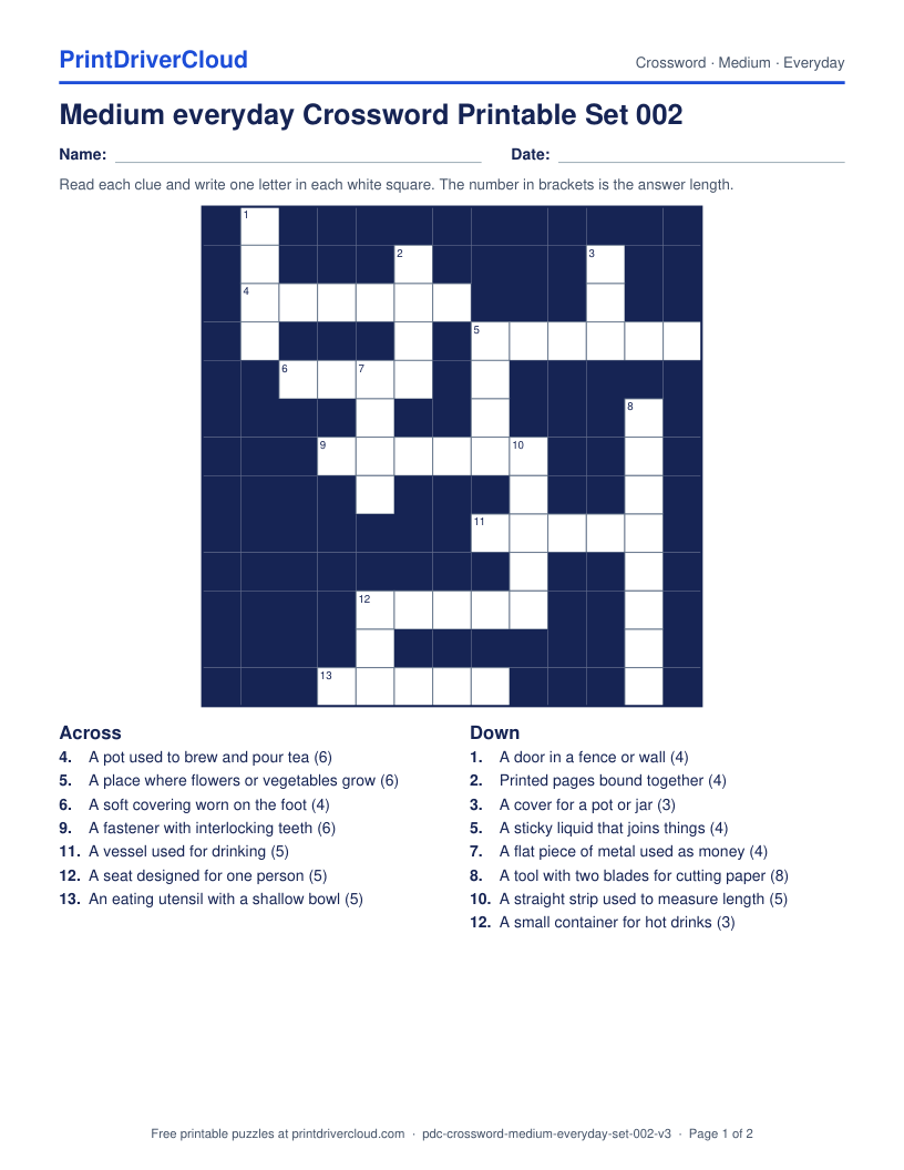 Medium Everyday Crossword Printable Set 002 preview
