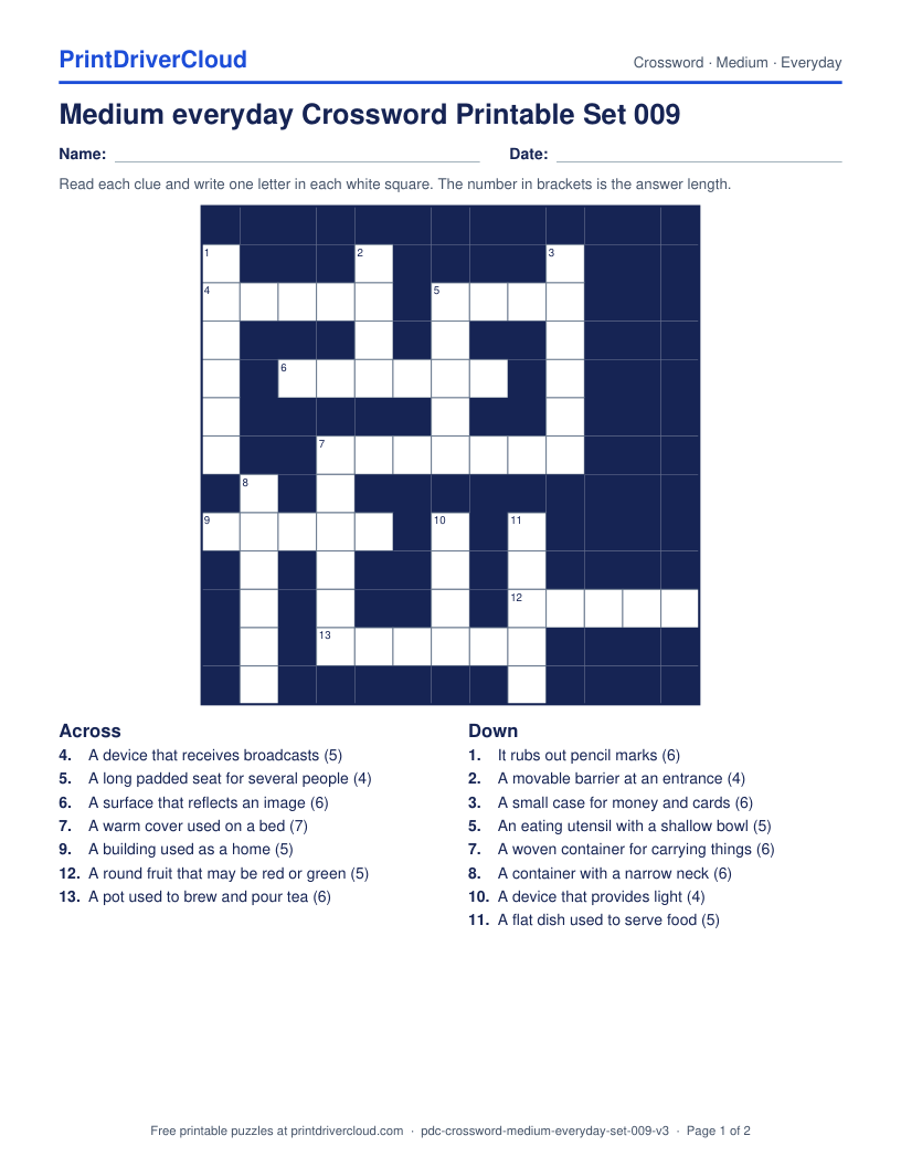 Medium Everyday Crossword Printable Set 009 preview