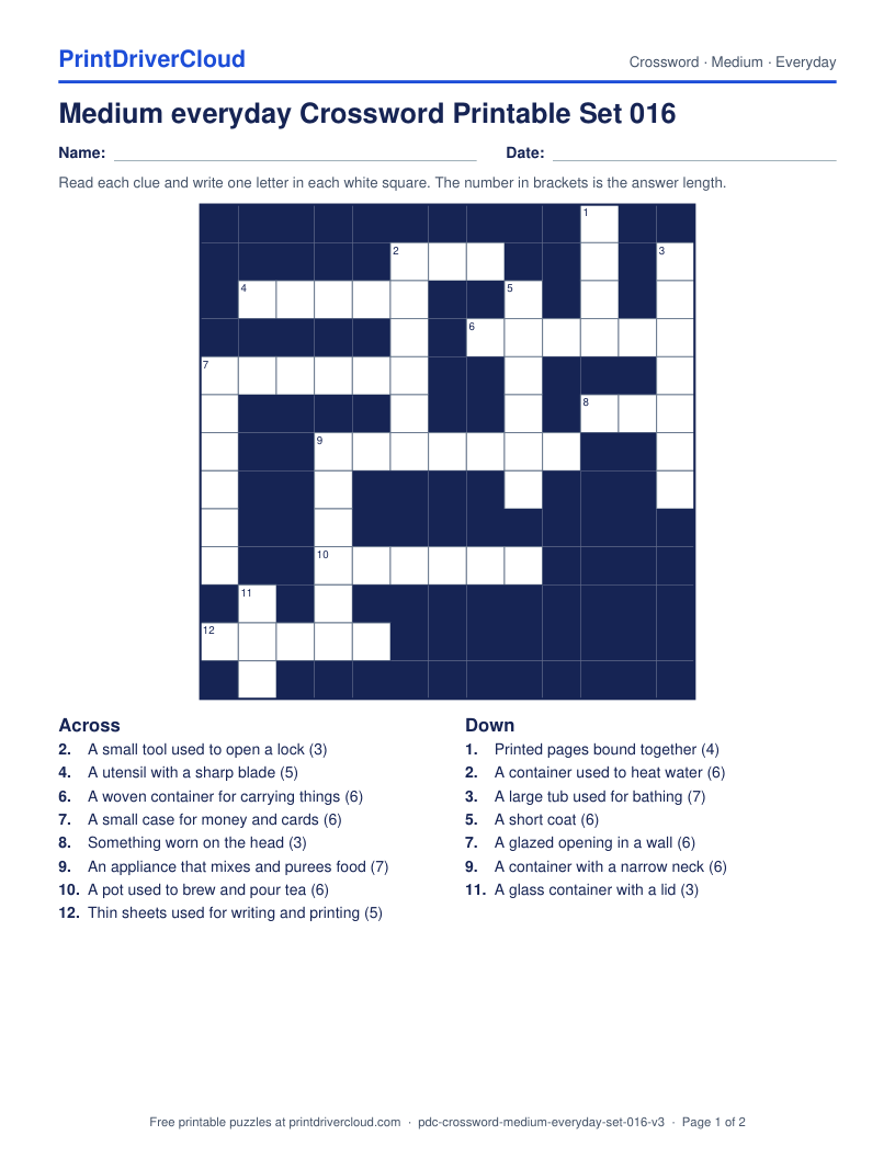 Medium Everyday Crossword Printable Set 016 preview