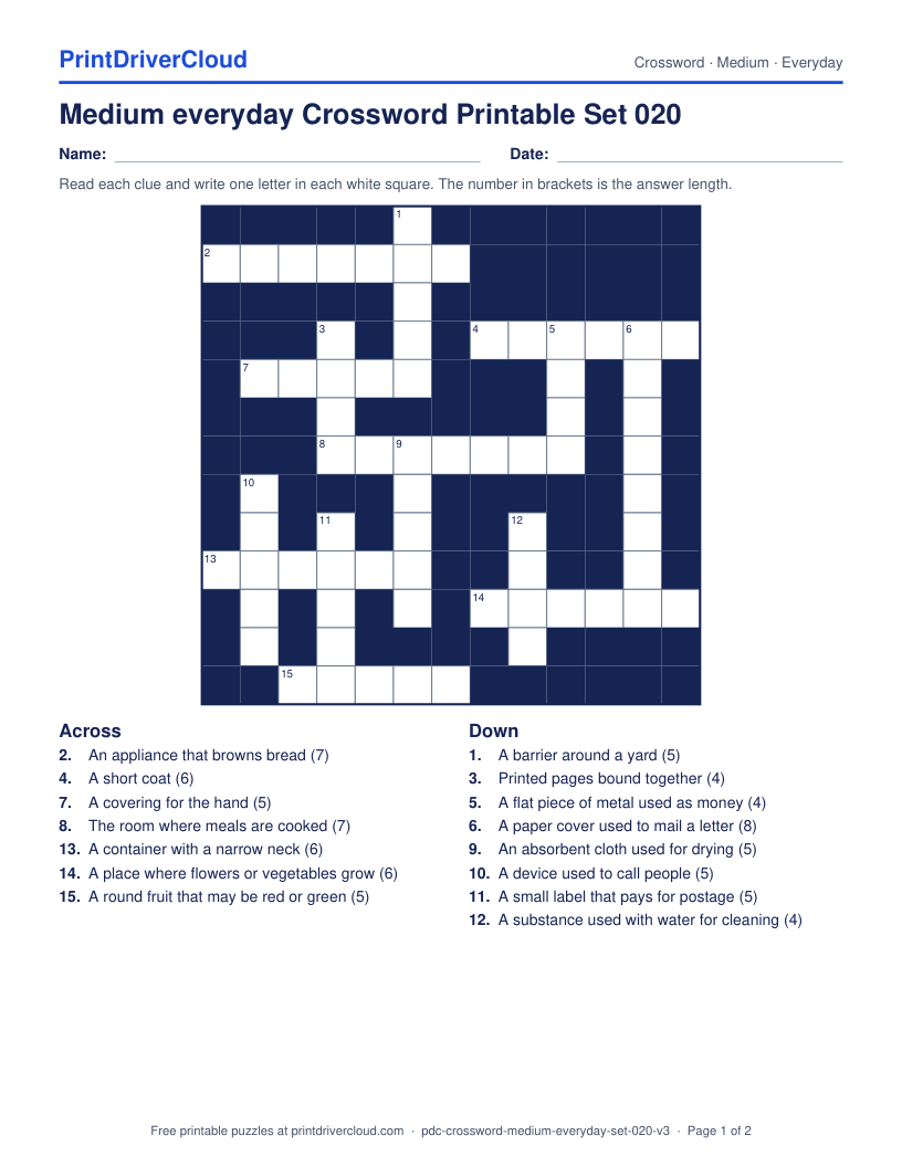 Medium Everyday Crossword Printable Set 020 preview