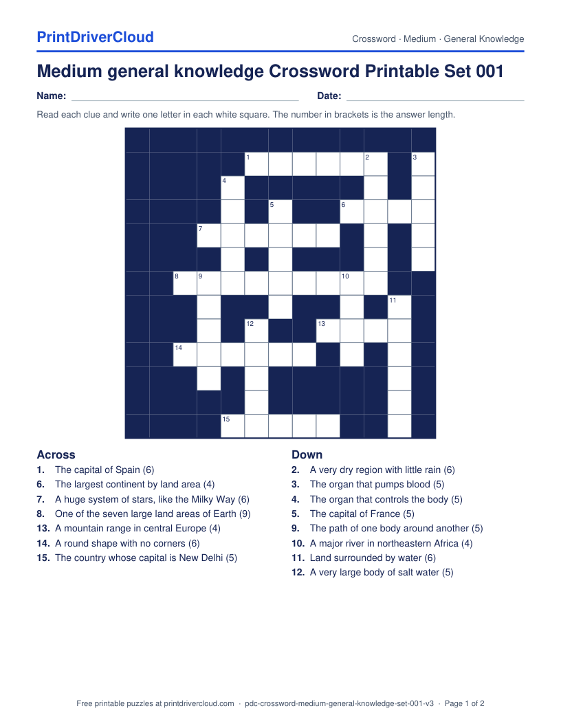 Medium General Knowledge Crossword Printable Set 001 preview