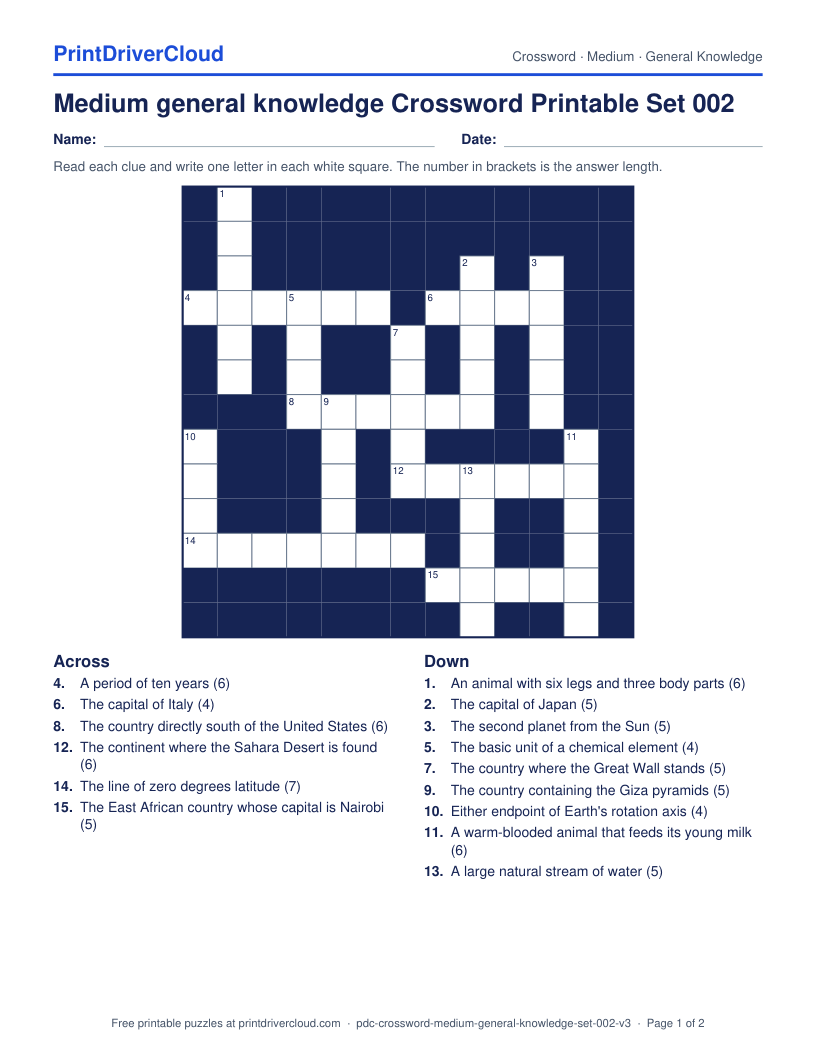 Medium General Knowledge Crossword Printable Set 002 preview