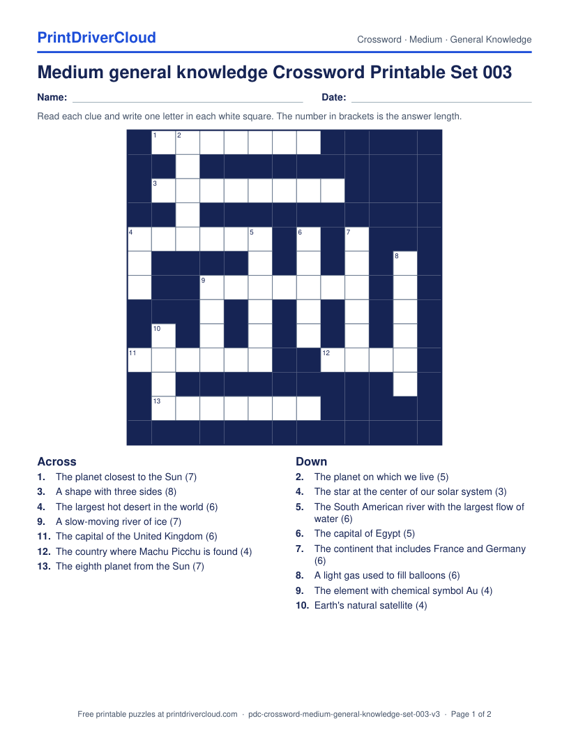Medium General Knowledge Crossword Printable Set 003 preview