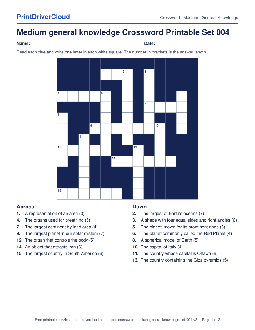 Medium General Knowledge Crossword Printable Set 004 preview