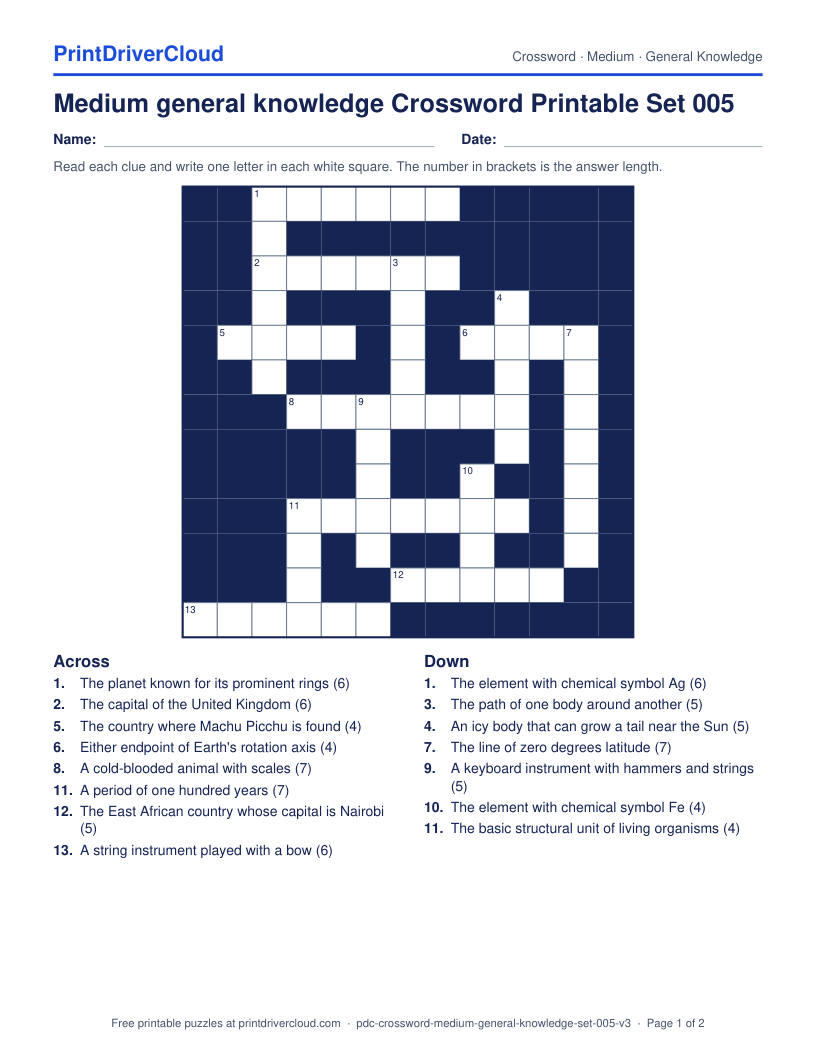 Medium General Knowledge Crossword Printable Set 005 preview