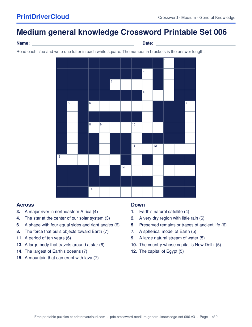 Medium General Knowledge Crossword Printable Set 006 preview