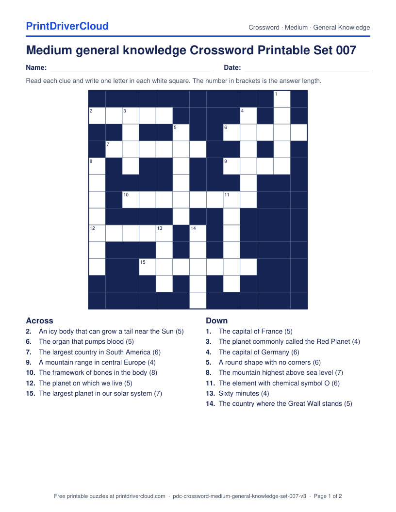 Medium General Knowledge Crossword Printable Set 007 preview