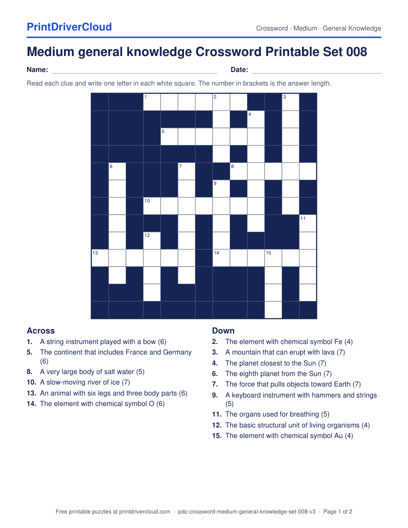 Medium General Knowledge Crossword Printable Set 008 preview
