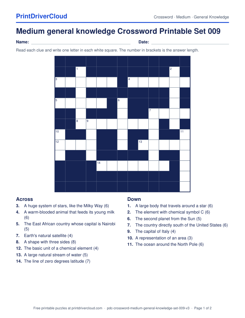 Medium General Knowledge Crossword Printable Set 009 preview