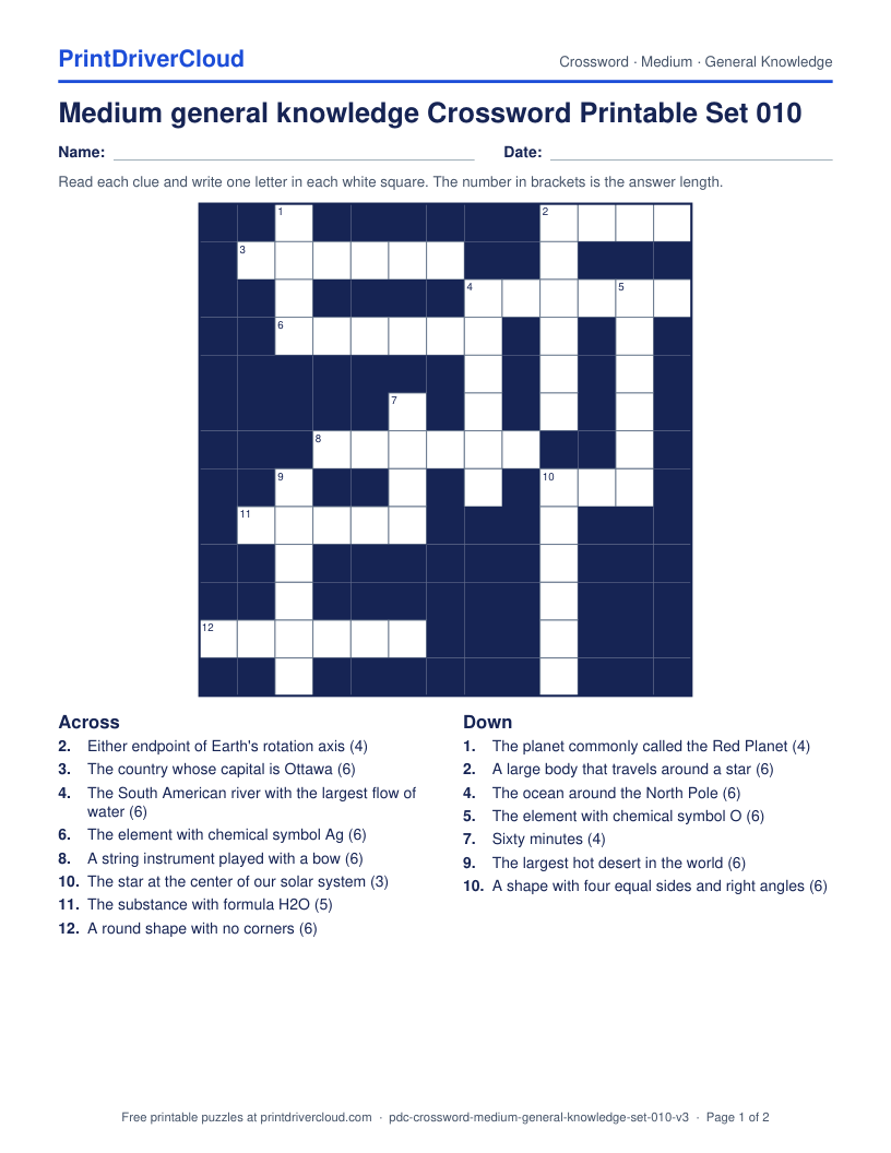 Medium General Knowledge Crossword Printable Set 010 preview