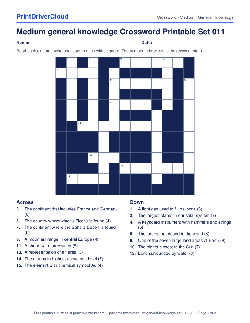 Medium General Knowledge Crossword Printable Set 011 preview