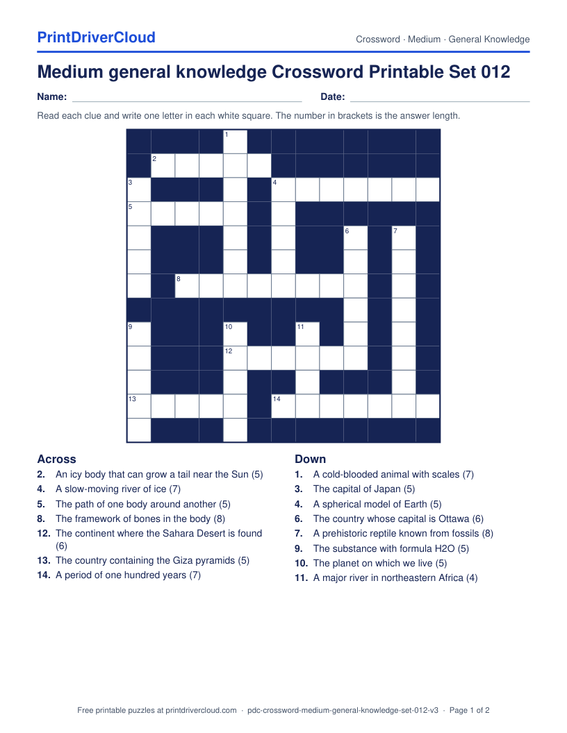 Medium General Knowledge Crossword Printable Set 012 preview