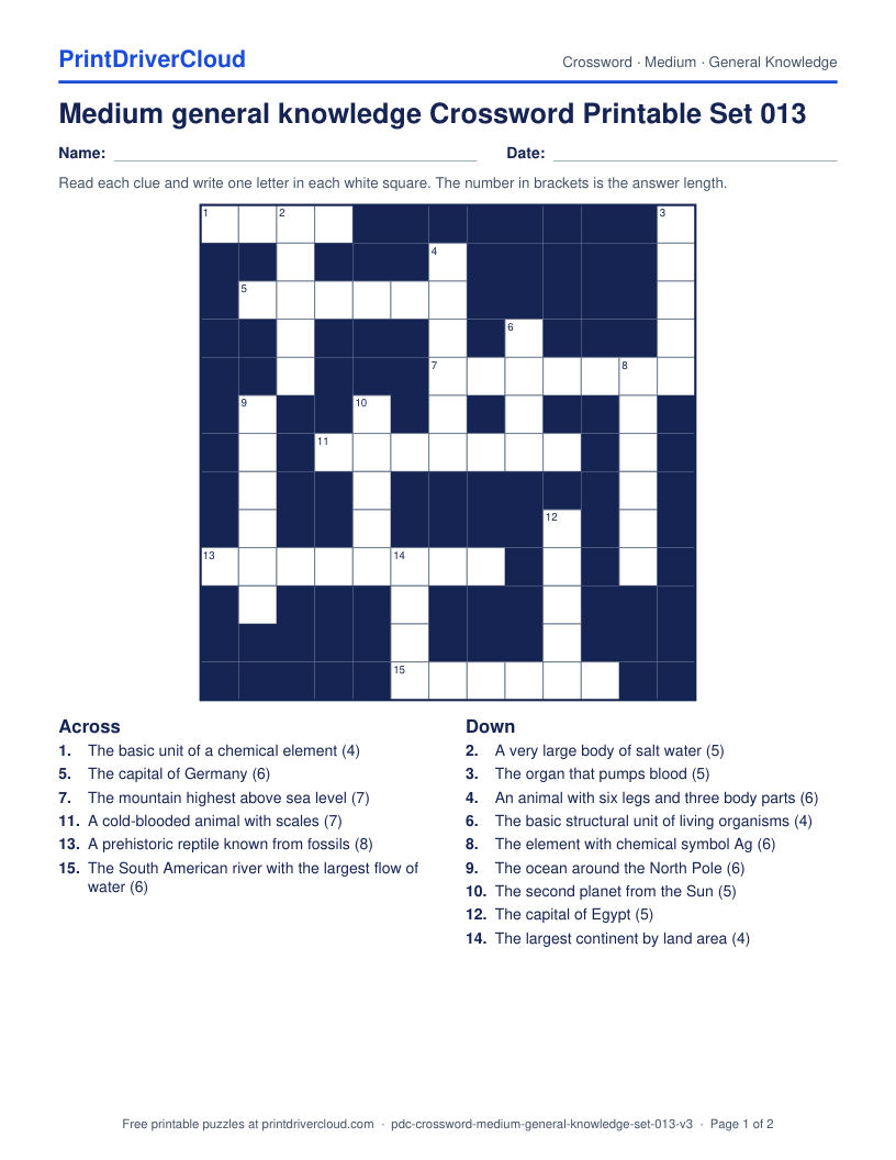 Medium General Knowledge Crossword Printable Set 013 preview