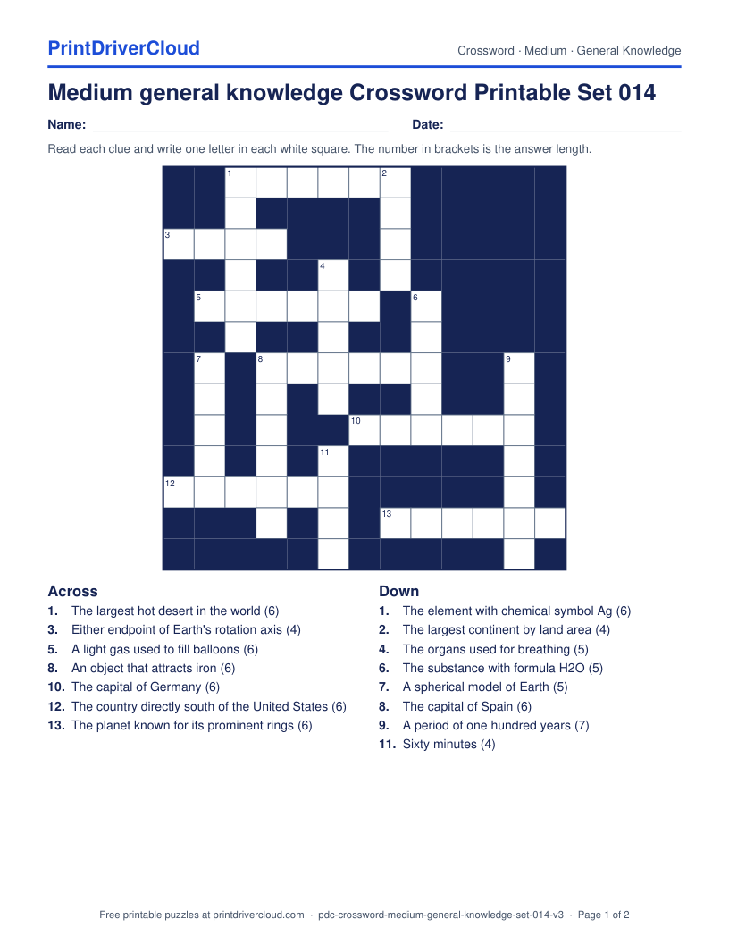 Medium General Knowledge Crossword Printable Set 014 preview
