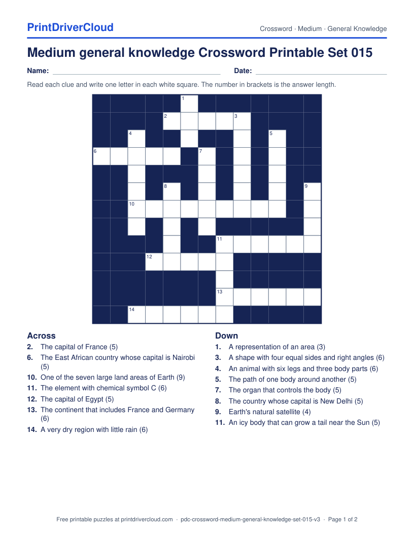 Medium General Knowledge Crossword Printable Set 015 preview