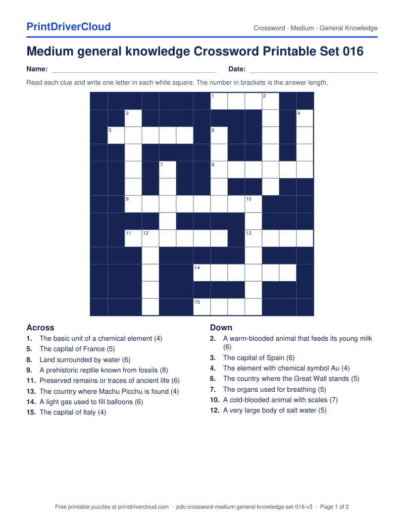 Medium General Knowledge Crossword Printable Set 016 preview