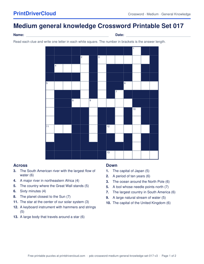 Medium General Knowledge Crossword Printable Set 017 preview