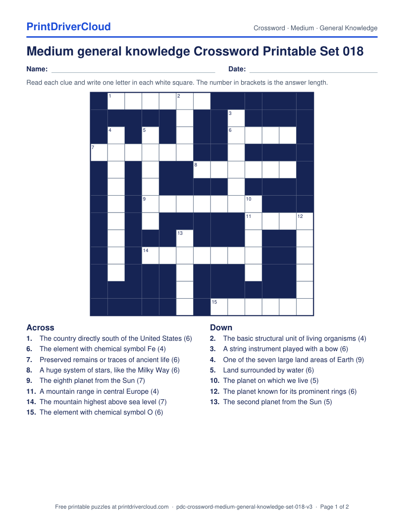 Medium General Knowledge Crossword Printable Set 018 preview