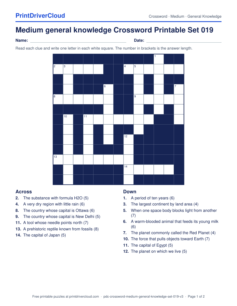 Medium General Knowledge Crossword Printable Set 019 preview