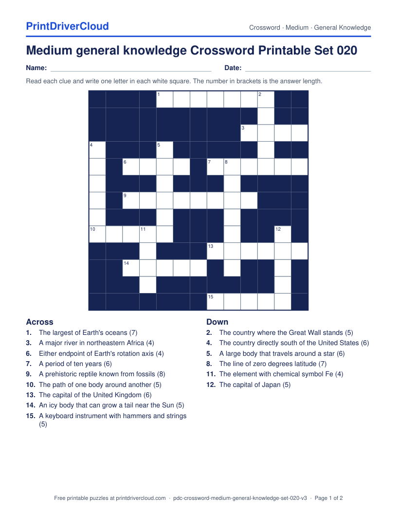 Medium General Knowledge Crossword Printable Set 020 preview