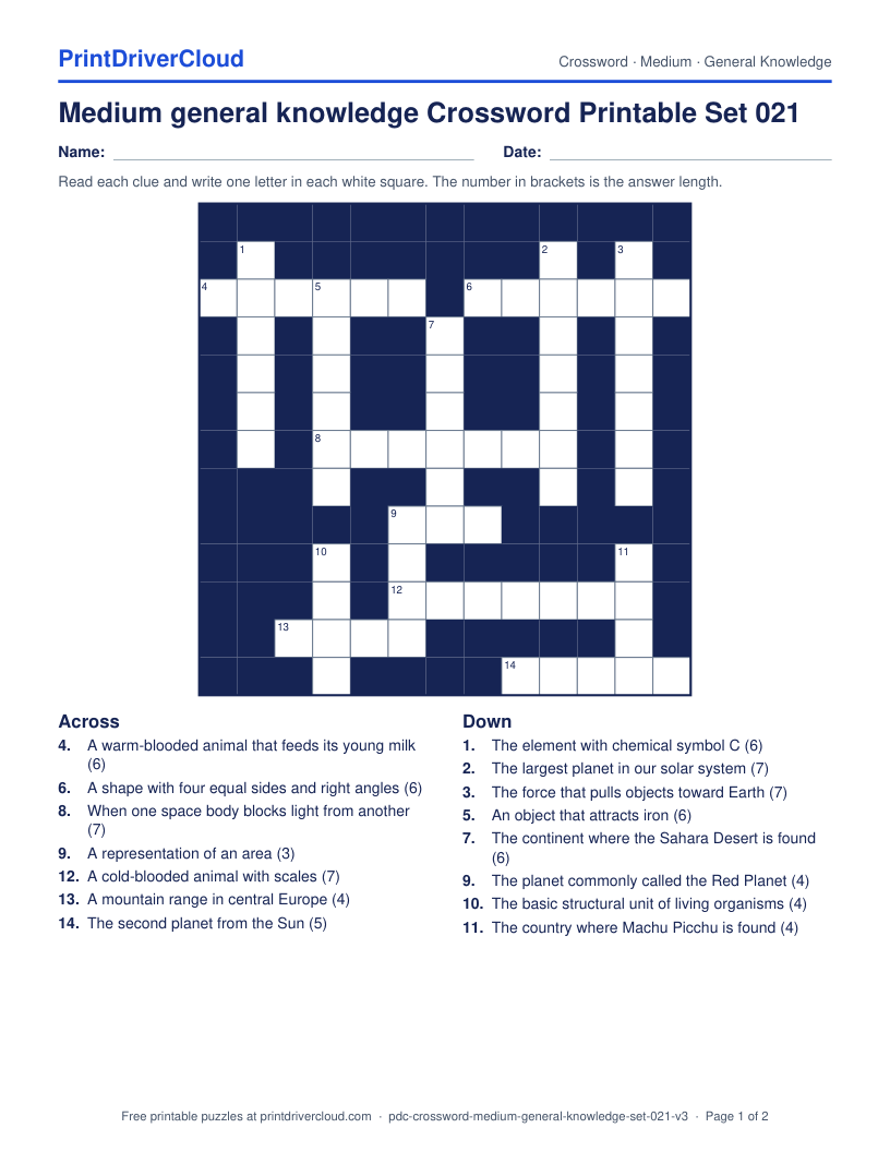 Medium General Knowledge Crossword Printable Set 021 preview