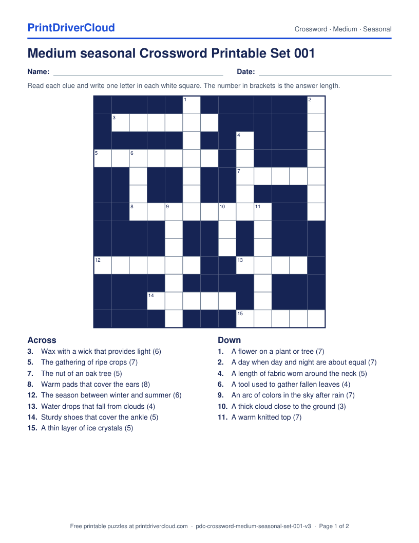 Medium Seasonal Crossword Printable Set 001 preview