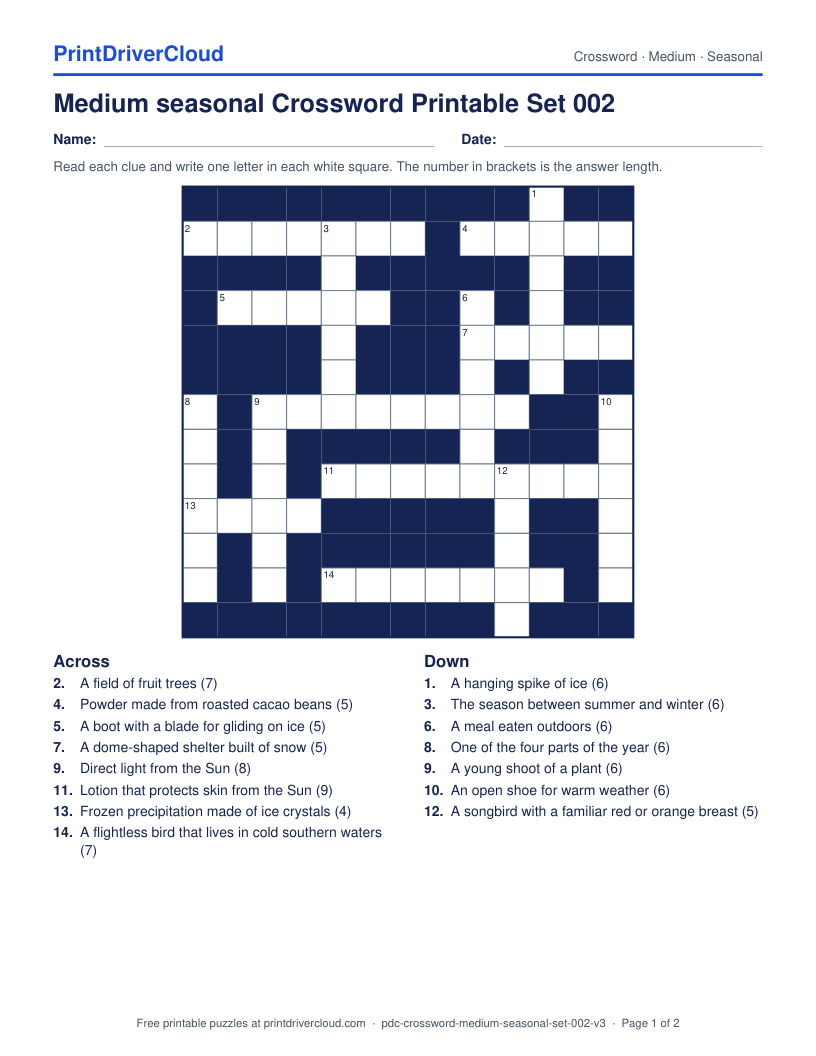 Medium Seasonal Crossword Printable Set 002 preview