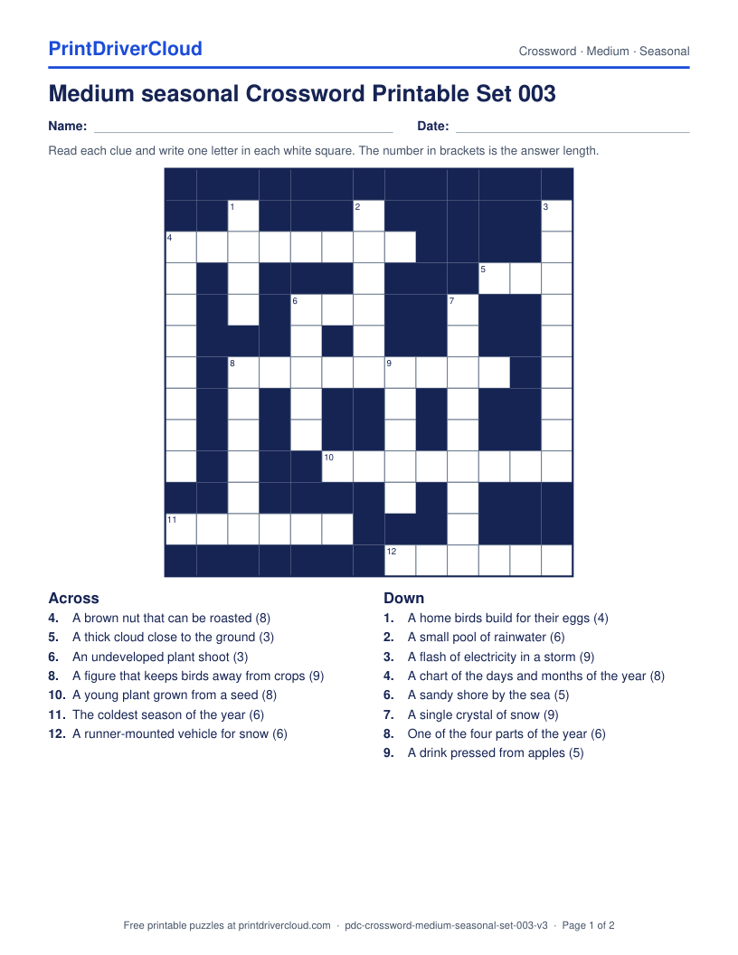 Medium Seasonal Crossword Printable Set 003 preview