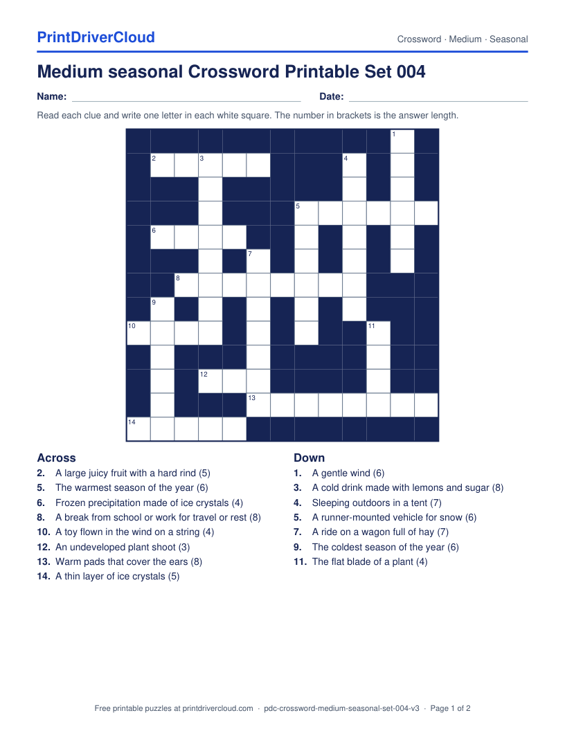 Medium Seasonal Crossword Printable Set 004 preview
