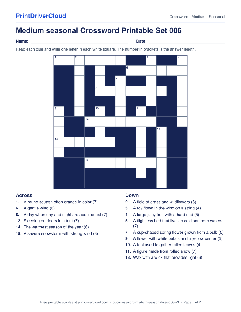 Medium Seasonal Crossword Printable Set 006 preview