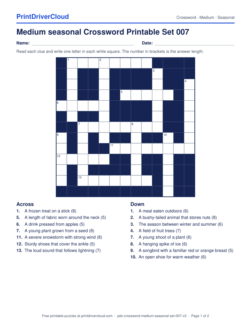 Medium Seasonal Crossword Printable Set 007 preview