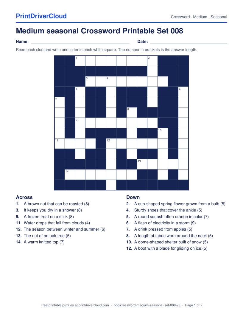 Medium Seasonal Crossword Printable Set 008 preview