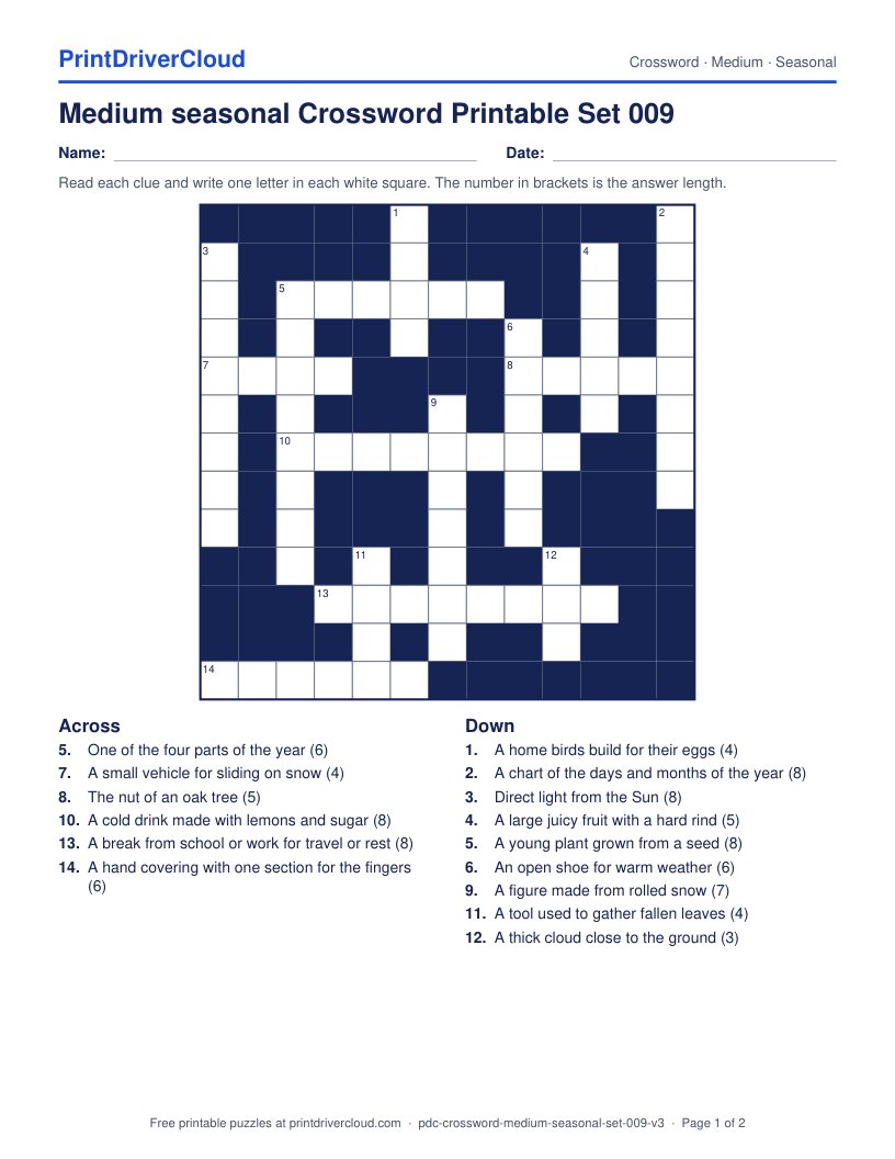 Medium Seasonal Crossword Printable Set 009 preview