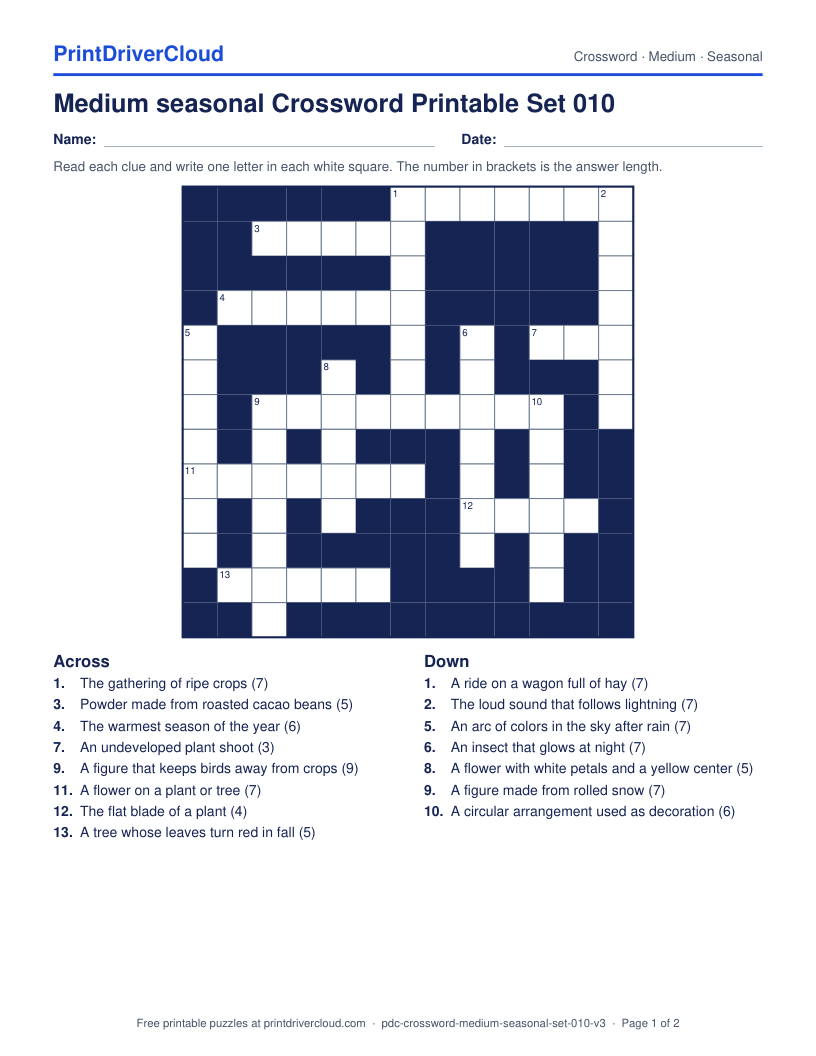 Medium Seasonal Crossword Printable Set 010 preview