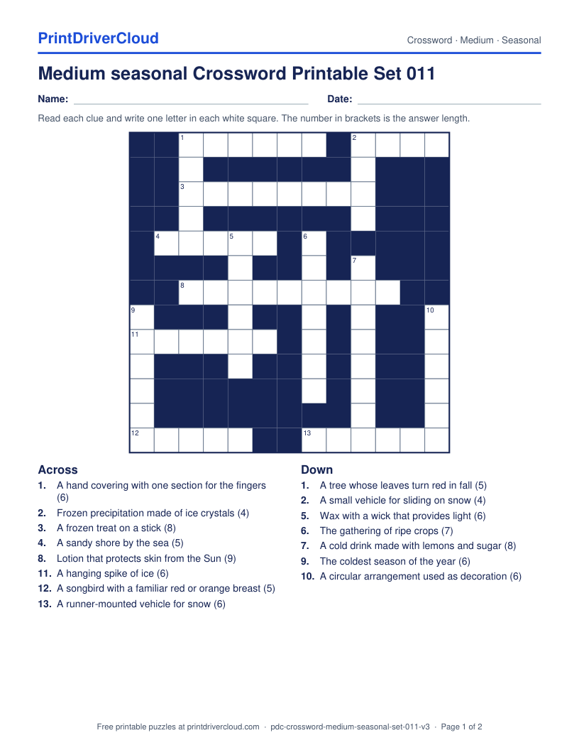 Medium Seasonal Crossword Printable Set 011 preview