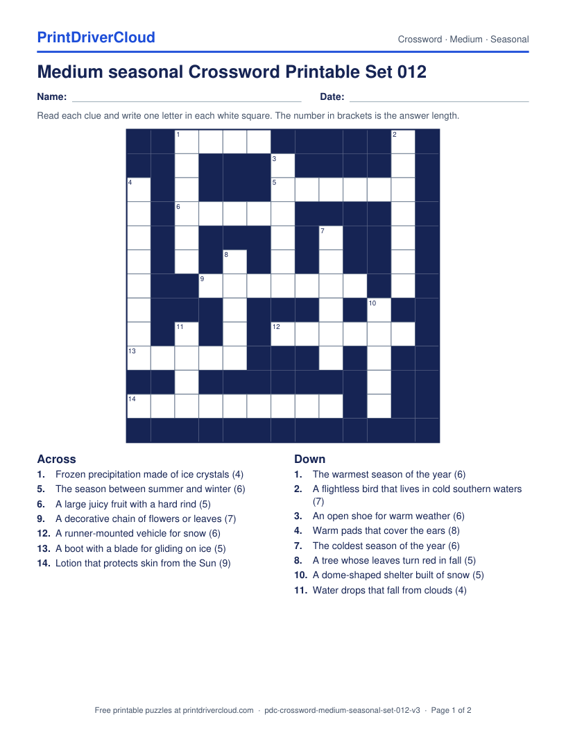 Medium Seasonal Crossword Printable Set 012 preview