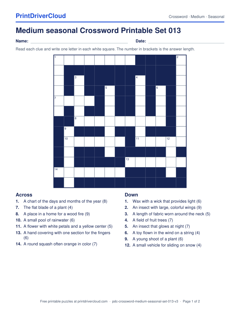 Medium Seasonal Crossword Printable Set 013 preview