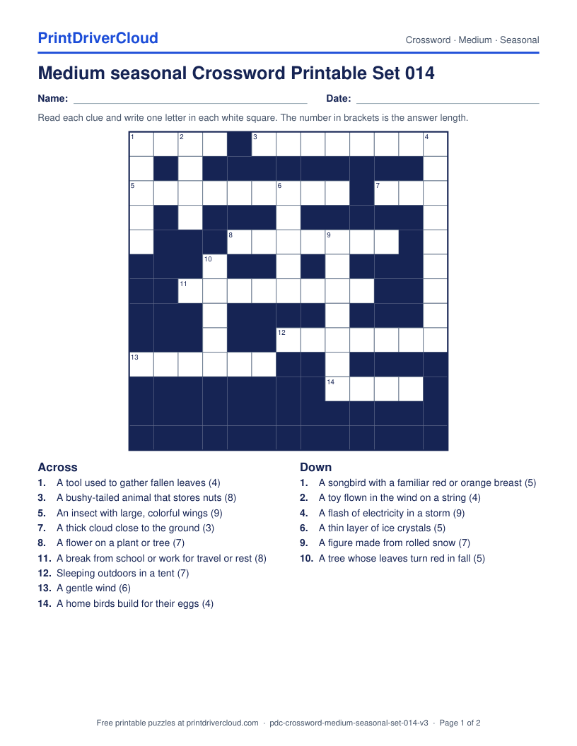 Medium Seasonal Crossword Printable Set 014 preview