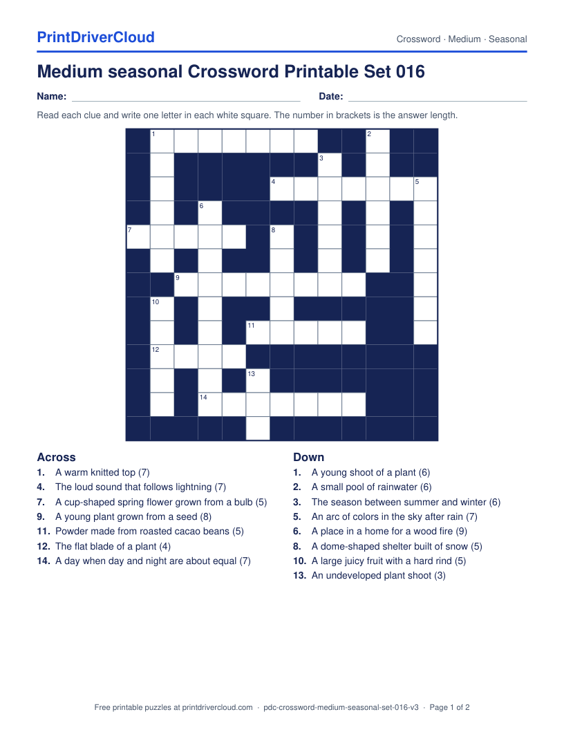 Medium Seasonal Crossword Printable Set 016 preview
