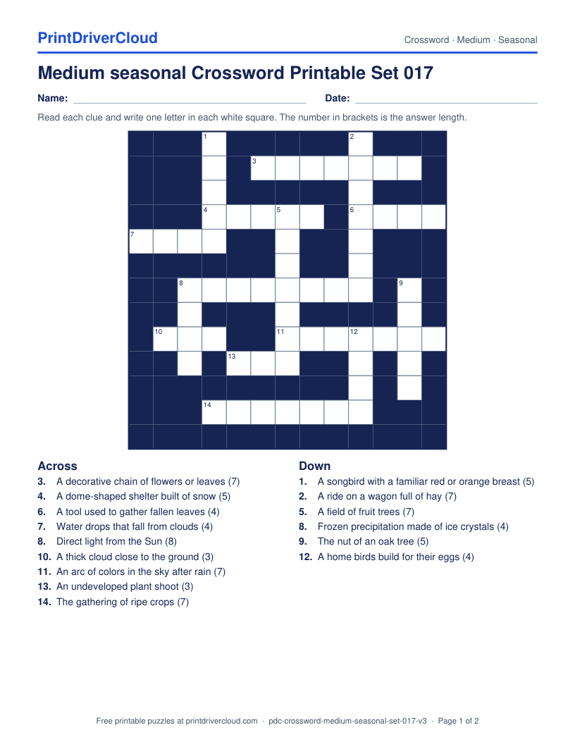 Medium Seasonal Crossword Printable Set 017 preview