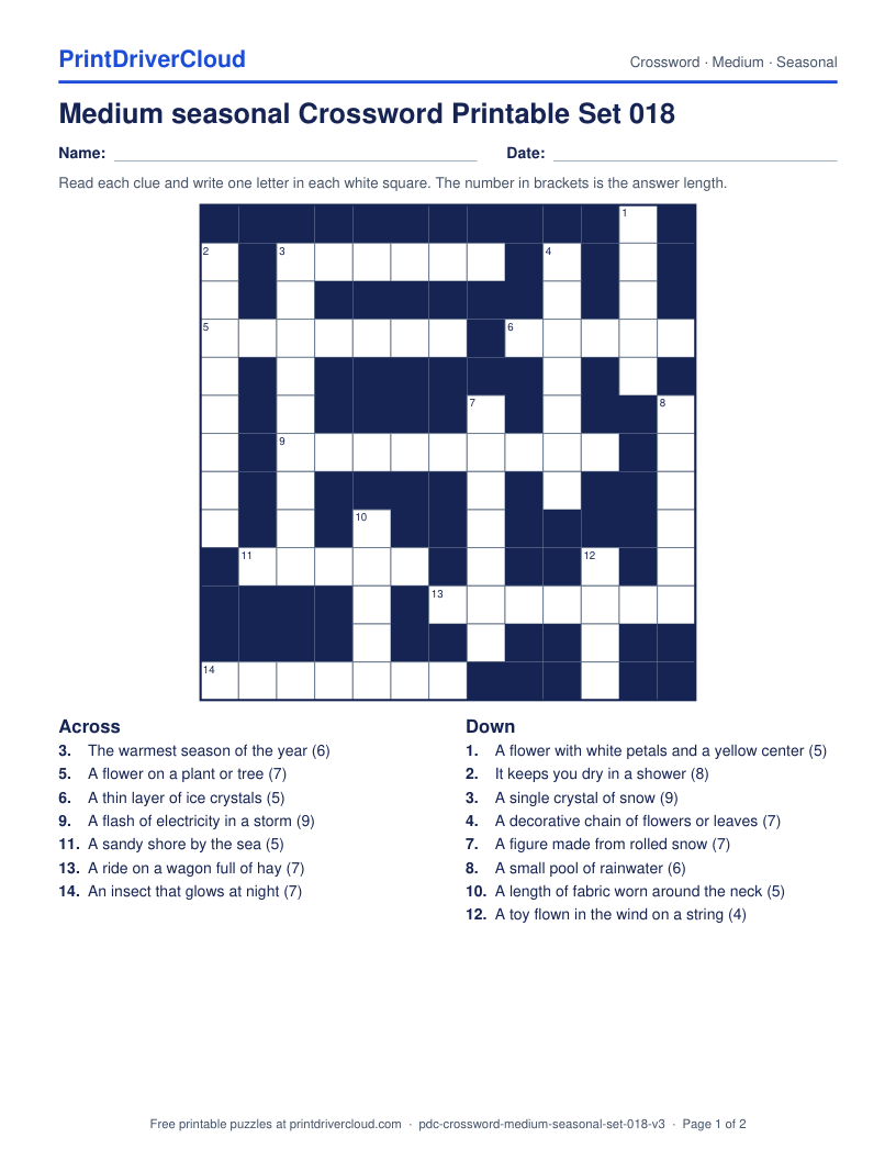 Medium Seasonal Crossword Printable Set 018 preview