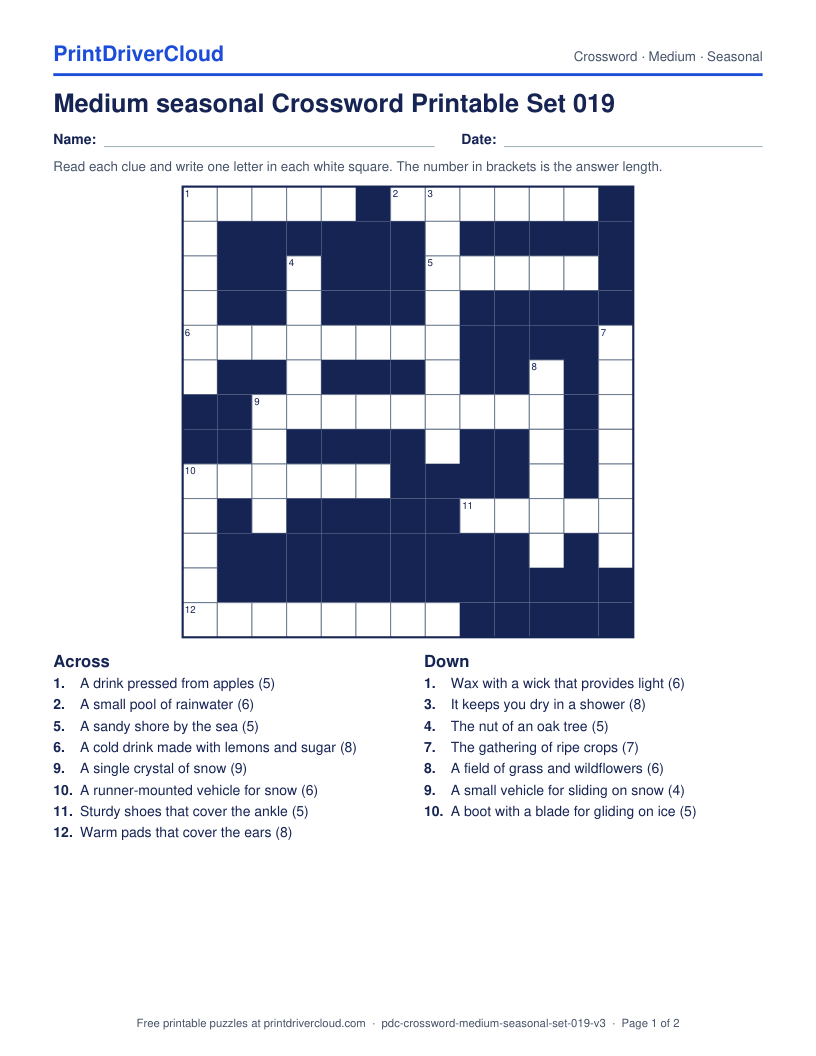 Medium Seasonal Crossword Printable Set 019 preview